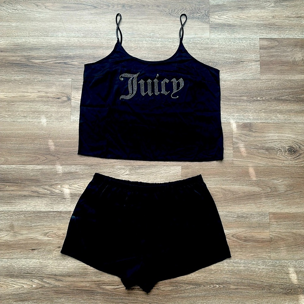 Juicy Couture Black Silk Rhinestone Pajama shorts set
